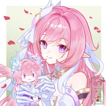 1girl bare_shoulders border character_doll company_connection cyrene_(demiurge)_(honkai:_star_rail) cyrene_(honkai:_star_rail) doll elf elysia_(herrscher_of_human:_ego)_(honkai_impact) elysia_(honkai_impact) falling_petals gloves grey_shirt holding holding_doll honkai:_star_rail honkai_(series) honkai_impact_3rd inoue_marina long_hair looking_at_viewer multicolored_hair nana0816nanaha petals pink_hair pointy_ears purple_eyes red_petals revision shirt smile solo triquetra two-tone_hair upper_body veil very_long_hair voice_actor_connection white_border white_gloves white_hair white_veil yanning