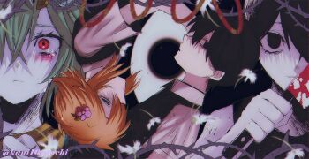 Rule 34 | 4boys, alternate color, alternate eye color, basil (faraway) (omori), basil (headspace) (omori), basil (omori), black sweater vest, black tank top, blonde hair, blood, bloody knife, blue eyes, closed mouth, collared shirt, colored skin, commentary request, crying, crying with eyes open, double-parted bangs, dual persona, flower, green hair, hair between eyes, hair flower, hair ornament, highres, holding, holding knife, kauchi (kani10cauchi), knife, looking at viewer, male focus, multiple boys, omori, omori (omori), parted lips, plant, red eyes, shirt, short hair, sidelocks, something (omori), sunny (omori), sweater vest, tank top, tears, thorns, twitter username, vines, white shirt, white skin