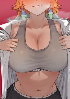 1girl absurdres black_pants breasts breath cleavage collarbone copyright_name earrings feather_earrings feathers gradient_hair grey_sports_bra grin head_out_of_frame highres hololive hololive_english iver_(reviolet) jewelry large_breasts midriff multicolored_hair navel open_clothes open_shirt orange_hair pants red_background shirt simple_background smile solo sports_bra stomach takanashi_kiara virtual_youtuber white_shirt