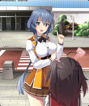 2girls :d ? ahoge asakura_mihono black_bow black_bowtie blue_eyes blue_hair bow bowtie breasts brown_hair brown_skirt building bush buttons crosswalk day dot_nose game_cg hand_up index_finger_raised large_breasts long_hair long_sidelocks long_sleeves medium_hair minoseki_gakuin_uniform mole mole_under_eye multiple_girls official_art open_mouth orange_vest osafune_girls_academy_school_uniform outdoors ponytail red_sailor_collar road rock sailor_collar school_uniform setouchi_chie shirt sidelocks sidewalk skirt smile street teeth third-party_source toji_no_miko toji_no_miko:_kizamishi_issen_no_tomoshibi twintails upper_teeth_only very_long_hair vest white_shirt