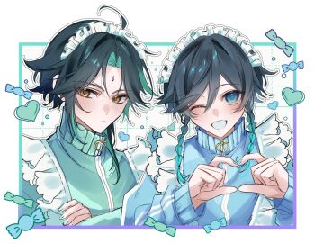 Rule 34 | 2boys, ahoge, blue nails, braid, candy, commentary, crossdressing, crossed arms, food, genshin impact, green nails, heart, heart hands, highres, kinokonokonooko, long sleeves, looking at viewer, looking to the side, maid, maid headdress, multicolored eyes, multicolored hair, multiple boys, one eye closed, symbol-only commentary, teeth, twin braids, venti (genshin impact), xiao (genshin impact), yellow eyes
