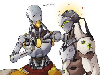 2boys belt commentary english_text genji_(overwatch) hand_on_another's_head happy_aura humanoid_robot kookirani male_focus multiple_boys overwatch pants red_rope robot rope rope_belt upper_body white_background yellow_pants zenyatta_(overwatch)