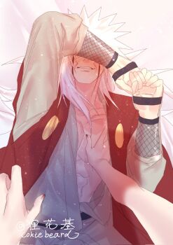 1boy 1girl abs artist_name assertive_female cokiebeard hashtag-only_commentary highres jiraiya_(naruto) long_hair male_focus muscular muscular_male naruto_(series) pov signature tsunade_(naruto) white_hair