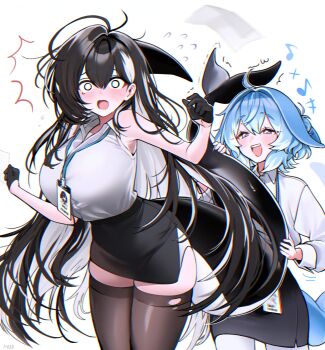 2girls absurdres black_gloves black_hair black_skirt black_thighhighs blue_hair breasts cetacean_tail collared_shirt commentary_request delfi_(haze_(7h4ze)) dolphin_girl dorsal_fin fins fish_tail gloves grey_eyes haze_(7h4ze) highres huge_breasts id_card lanyard long_hair multicolored_hair multiple_girls musical_note office_lady open_mouth orca_(haze_(7h4ze)) orca_girl original pantyhose pencil_skirt shirt short_hair skirt sleeveless sleeveless_shirt spoken_musical_note streaked_hair surprised tail thighhighs torn_clothes torn_thighhighs touching_tail very_long_hair white_background white_eyes white_hair white_pantyhose white_shirt