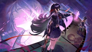 3girls absurdres arm_cutout artist_name bare_shoulders black_hair black_jacket black_serafuku black_shirt black_skirt chisa_(wuthering_waves) clothing_cutout commentary english_commentary female_rover_(wuthering_waves) film_reel hair_ribbon highres holding holding_sword holding_weapon jacket leppib long_hair long_sleeves midriff multiple_girls navel reaching red_ribbon ribbon rover_(wuthering_waves) sailor_collar school_uniform serafuku shirt skirt sumika_(wuthering_waves) sword tacet_mark_(wuthering_waves) weapon white_sailor_collar wuthering_waves