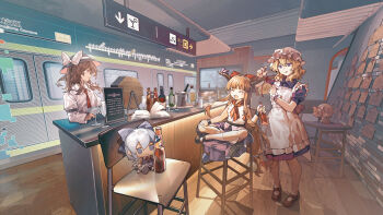3girls :q absurdres apron black_hat blonde_hair blush book bottle bow brown_eyes brown_hair brown_horns brown_shoes character_doll chinese_commentary cirno closed_eyes collared_shirt commentary_request cup doll drinking_glass ema fumo_(doll) furahata_gen hair_bow hat hat_bow highres horn_ornament horn_ribbon horns ibuki_suika long_hair long_sleeves maribel_hearn mary_janes mob_cap multiple_girls necktie oni open_book open_mouth puffy_short_sleeves puffy_sleeves purple_eyes purple_skirt red_necktie remilia_scarlet ribbon second-party_source shirt shoes short_sleeves sitting skirt smile socks tongue tongue_out touhou usami_renko white_apron white_bow white_hat white_shirt white_socks