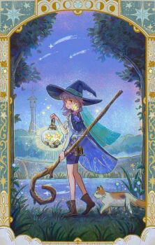 1girl bad_tag billowing_cape binoculars blunt_bangs boots border brown_eyes brown_hair cape cat decorative_border female_focus full_body grass hat helmet hill hillside holding holding_lantern jenishiiarts lantern long_legs looking_at_viewer magic magical_girl night night_sky original outdoors pet_walking petite pond shooting_star short_hair shorts sky staff_(weapon) star_(sky) starry_sky tower tree witch witch_hat