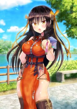 Rule 34 | 1girl, :o, asukamama89, black hair, black thighhighs, blue sky, blurry, blurry background, blush, bracelet, breasts, china dress, chinese clothes, commentary request, cosplay, cowboy shot, day, dress, eyes visible through hair, flying sweatdrops, folding fan, frown, hair between eyes, hair ribbon, hand fan, hand on own hip, hand up, heaven burns red, highres, holding, holding fan, jewelry, kotegawa yui, large breasts, li yingxia, li yingxia (cosplay), long hair, looking at viewer, open mouth, orange dress, orange ribbon, outdoors, ribbon, sidelocks, sky, sleeveless, sleeveless dress, solo, sparkle, straight hair, sweatdrop, thighhighs, to love-ru, v-shaped eyebrows, very long hair, yellow eyes