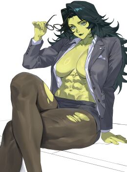 1girl abs absurdres colored_skin commentary_request green_eyes green_hair green_lips green_skin highres holding holding_removed_eyewear jennifer_walters long_hair looking_at_viewer marvel muscular muscular_female navel pantyhose she-hulk solo taiyang_yu torn_clothes torn_pantyhose unworn_eyewear