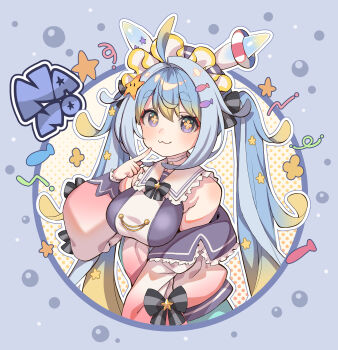 Rule 34 | 1girl, :3, ahoge, bare shoulders, blonde hair, blue hair, blush, breasts, character request, closed mouth, commentary request, copyright request, eyelashes, finger to own chin, fish hair ornament, flower-shaped pupils, grey eyes, hair ornament, headdress, highres, kink (tortoiseshell), long hair, long sleeves, orange pupils, outline, single off shoulder, smile, solo, star (symbol), star hair ornament, symbol-shaped pupils, thick eyebrows, twintails, upper body, virtual youtuber, white hair, white outline