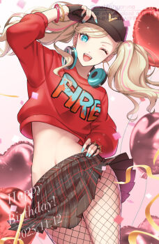 1girl ;d black_gloves blonde_hair blue_eyes blue_nails confetti cropped_sweater dated fingerless_gloves fishnet_pantyhose fishnets gloves hand_on_own_hip happy_birthday hat headphones headphones_around_neck long_hair looking_at_viewer midriff navel official_alternate_costume one_eye_closed open_mouth pantyhose persona persona_5:_dancing_star_night persona_dancing plaid_clothes plaid_skirt red_sweater skirt smile solo sweater takamaki_anne teeth twintails upper_teeth_only yoruno_mahiru
