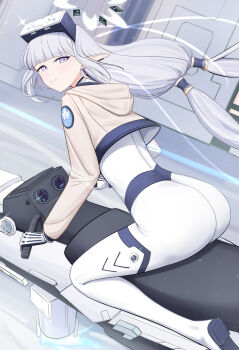 Rule 34 | 1girl, ass, blue archive, blue eyes, blush, bodysuit, boots, from behind, himari (blue archive), himari (bodysuit) (blue archive), jacket, long hair, looking at viewer, low twintails, pointy ears, purple eyes, ryo, skin tight, smile, solo, twintails, very long hair, white hair