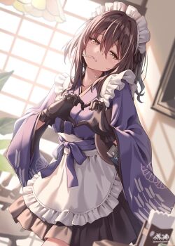 1girl apron black_gloves black_skirt brown_eyes brown_hair gloves heart heart_hands highres japanese_clothes kimono looking_at_viewer maid maid_headdress morigami_(morigami_no_yashiro) original purple_kimono skirt solo wa_maid waist_apron