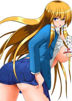 1girl blazer blonde_hair blue_eyes blue_jacket blue_skirt breasts breasts_out censored character_censor commentary_request hair_ornament highres jacket jikkyou_powerful_pro_yakyuu long_hair looking_back novelty_censor oozora_miyoko open_clothes open_jacket open_mouth oyashimakanya power_pro_kun school_uniform shirt skirt white_background white_shirt