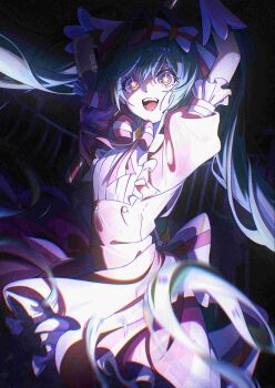 1girl aqua_hair arms_up artist_name bow buttons commentary cowboy_shot dot_nose dress english_commentary frilled_cuffs frilled_dress frills gin_s hair_between_eyes hair_bow hair_intakes happy hatsune_miku highres ima_sugu_rinne_(vocaloid) long_hair looking_at_viewer open_mouth pink_bow pink_dress railing short_sleeves solo standing star_(symbol) star_in_eye symbol_in_eye tears teeth twintails two-tone_bow upper_teeth_only very_long_hair white_bow