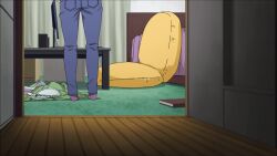 1girl animated anime_screenshot ass bag bathroom blue_bra blue_panties bra breasts brown_eyes brown_hair cleavage collarbone curtains highres huge_breasts indoors interior kaii_to_otome_to_kamikakushi mature_female medium_hair mole mole_under_eye ogawa_sumireko panties pants showering socks sound underwear undressing video wet worried