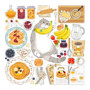 animal_focus bag banana banana_slice blackberry_(fruit) blueberry book bookmark bottle british_shorthair broken_egg butter cat cookbook cream crepe daisy_(flower) flour flower food food_focus fork fruit holding holding_food holding_fruit honey jam jar jug_(bottle) knife looking_at_viewer lying maple_syrup measuring_spoon milk napkin no_humans on_back open_book original pancake pancake_stack peach raspberry rolling_pin simple_background slothm22 strawberry strawberry_blossoms sugar_bowl sugar_cube towel whisk white_background white_flower