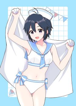 absurdres antenna_hair bikini black_hair blue_border blue_ribbon blue_sailor_collar border bra commentary_request grid_background hat highres holding holding_towel idolmaster idolmaster_(classic) kikuchi_makoto looking_at_viewer parted_bangs purple_eyes ribbon sailor_bikini sailor_collar sailor_hat sailor_swimsuit_(idolmaster) sidelocks smile swimsuit towel underwear white_trim yonekura_ryo_(ryokakat0801)