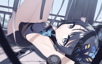 1girl absurdres aiee bare_legs black_dress black_hair blue_archive braid braided_base breasts bun_with_braided_base butterfly_hair_ornament china_dress chinese_clothes closed_mouth commentary_request double_bun dragon_print dress grey_eyes hair_bun hair_in_own_mouth hair_ornament highres kisaki_(blue_archive) looking_at_viewer lying on_back print_dress small_breasts solo twintails