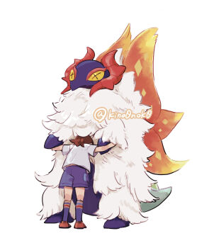 1girl brown_footwear brown_hair commentary_request highres hug juliana_(pokemon) kino0nok0 nintendo outstretched_arms pokemon pokemon_(creature) pokemon_sv shirt shoes short_sleeves shorts simple_background slither_wing socks standing twitter_username watermark white_background