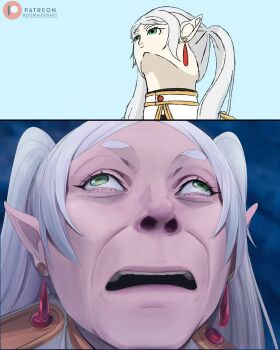 1girl absurdres commentary dismaiden earrings elf english_commentary frieren gold_trim green_eyes grey_hair head_back highres jewelry long_pointy_ears looking_up meme meme_request parted_bangs parted_lips photo-referenced pointy_ears reference_inset solo sousou_no_frieren spacedev1 teardrop_earrings thick_eyebrows twintails twitter_username upper_body upward_angle_frieren_drawing_(meme) willem_dafoe_looking_up_(meme)