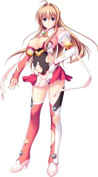 1girl ahoge angel_tear blue_eyes boots breasts brown_hair chest_jewel cleavage detached_sleeves frown full_body game_cg hair_intakes hair_ornament hand_on_own_hip high_heels highres large_breasts large_variant_set long_hair looking_at_viewer magical_girl maishima_yuri navel nerawareta_megami_tenshi_angel_tear nipples non-web_source official_art pleated_skirt skirt solo standing thigh_boots thighhighs torn_clothes torn_thighhighs transparent_background tsukumo_kazuita variant_set