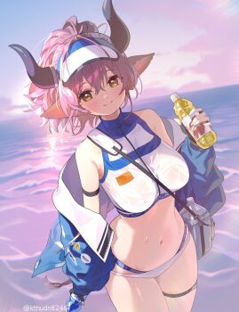 1girl animal_ears arknights black_horns blue_jacket blush bottle breasts closed_mouth clothes_writing commentary crossed_bangs day drink hair_between_eyes highres holding holding_bottle holding_drink horizon horns jacket kitsune_udon_(ktnudn8245) lens_flare medium_breasts navel ocean off_shoulder official_alternate_costume outdoors pink_hair plastic_bottle short_hair sideroca_(arknights) sideroca_(light_breeze)_(arknights) smile solo swimsuit thigh_strap twitter_username visor_cap yellow_eyes