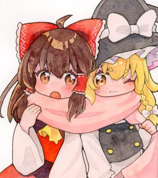 2girls :t ahoge ascot black_hat black_vest blonde_hair blush bow braid brown_eyes brown_hair buttons closed_mouth commentary_request hair_bow hair_tubes hakurei_reimu hat hat_bow highres kirisame_marisa long_hair long_sleeves multiple_girls one_eye_closed open_mouth orange_eyes painting_(medium) pink_scarf pppppks red_bow red_skirt red_vest scarf shared_clothes shared_scarf shirt simple_background single_braid skirt smile touhou traditional_media vest watercolor_(medium) white_background white_bow white_shirt white_sleeves wide_sleeves witch_hat yellow_ascot