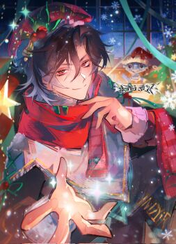 1boy brown_hair christmas commentary hat highres honkai:_star_rail honkai_(series) looking_at_viewer mr._reca_(honkai:_star_rail) open_hand plaid_hat red_eyes red_scarf scarf smile snowflakes symbol-only_commentary winter_clothes youyuguix