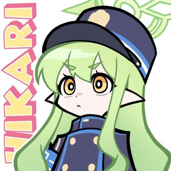 1girl blue_archive chibi english_text gesupi_(provlemsolver57) green_hair halo hat highres hikari_(blue_archive) panty_&amp;_stocking_with_garterbelt pointy_ears simple_background solo twitter upper_body white_background yellow_eyes
