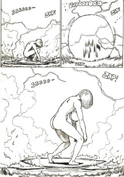 1girl alternate_breast_size_(larger) android_18 armpit_crease ass barefoot blonde_hair breasts comic completely_nude convenient_leg curled_fingers dimples_of_venus dragonball_z electricity energy exhibitionism feet female_focus fire from_side full_body hair_over_face hanging_breasts heel_up highres kneeling kneepits knees large_breasts legs looking_down medium_hair monochrome neck nipples nude orb outdoors parody public_indecency science_fiction shoulder_blades sideboob smoke soles sound_effects standing terminator_(series) thewritefiction thighs time_travel toenails toes underboob