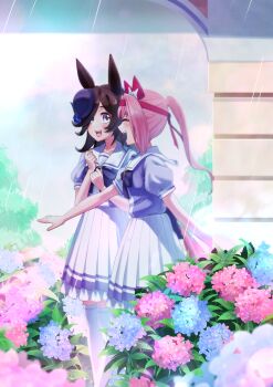 2girls :d absurdres animal_ears blue_flower blue_hat blush bow bowtie brown_hair closed_eyes commentary_request dress ear_covers ear_ribbon feet_out_of_frame flower freely2327 frilled_dress frills hair_flower hair_ornament hair_over_one_eye haru_urara_(umamusume) hat headband highres horse_ears horse_girl horse_tail hydrangea long_hair mini_hat multiple_girls open_mouth outdoors pink_hair pleated_dress ponytail purple_bow purple_bowtie purple_dress purple_eyes rain red_headband rice_shower_(umamusume) sailor_collar sailor_dress school_uniform short_sleeves sidelocks smile tail tail_bow tail_ornament teeth thighhighs tilted_headwear tracen_school_uniform two-tone_dress umamusume upper_teeth_only walking white_dress white_sailor_collar white_thighhighs