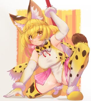 1girl absurdres alternate_costume animal_ears bare_shoulders blonde_hair blush bow bowtie cameltoe cat_ears cat_girl cat_tail circlet commentary_request cosplay elbow_gloves flats fur_trim gloves golden_snub-nosed_monkey_(kemono_friends) golden_snub-nosed_monkey_(kemono_friends)_(cosplay) hair_between_eyes heavy_breathing highres kemono_friends kemono_friends_3 leotard pink_skirt pleated_skirt print_bow print_bowtie print_leotard print_thighhighs serval_(kemono_friends) shoes short_hair showgirl_skirt sidelocks skirt sleeveless smile solo son_serval_(kemono_friends) squatting staff tail takara_(takara0508) thighhighs white_fur white_gloves white_leotard yellow_eyes yellow_shoes zettai_ryouiki