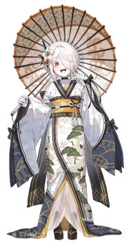 1girl absurdres bandaged_arm bandaged_hand bandages black_bow blue_archive bow colored_eyelashes colored_skin commentary flower full_body furisode hair_flower hair_ornament hair_over_one_eye hand_up highres holding holding_umbrella japanese_clothes kimono kokukyukeo obi obijime oil-paper_umbrella okobo open_mouth platform_sandals print_kimono sandals sash short_hair simple_background sof_(blue_archive) solo symbol-shaped_pupils umbrella white_background white_eyelashes white_flower white_hair white_kimono white_skin wide_sleeves wrist_bow yellow_eyes