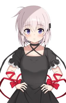 Rule 34 | 1girl, arm ribbon, black choker, black dress, blush, bow, choker, closed mouth, commentary request, cowboy shot, criss-cross halter, dress, eyes visible through hair, frilled sleeves, frills, frown, grey hair, hair between eyes, halterneck, hands on own hips, kagari (rewrite), key (company), looking at viewer, medium hair, nutsu8935290986, puffy short sleeves, puffy sleeves, purple eyes, red bow, red ribbon, ribbon, short sleeves, simple background, solo, straight-on, white background, wrist bow