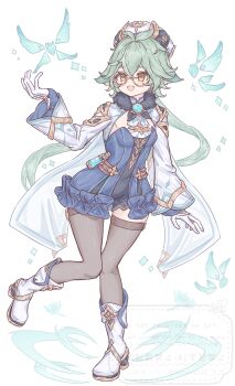 1girl absurdres animal_ears black_thighhighs boots commentary_request dress full_body fumicode2_3 genshin_impact glasses gloves green_hair hair_between_eyes hand_up hat highres long_hair long_sleeves looking_at_viewer multicolored_hair open_mouth ponytail simple_background standing sucrose_(genshin_impact) teeth thighhighs upper_teeth_only vision_(genshin_impact) white_background white_boots white_gloves yellow_eyes