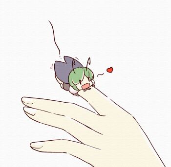 2girls :d alternate_size antennae arthropod_girl bilingual_commentary commentary english_commentary fingernails green_hair heart highres hugging_finger insect_wings kazami_yuuka korean_commentary mini_person minigirl mirae_somang mixed-language_commentary multiple_girls open_mouth person_on_hand shirt smile touhou white_shirt wings wriggle_nightbug |_|