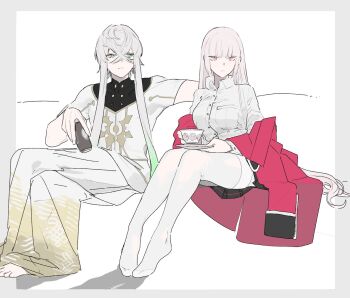 1boy 1girl asclepius_(fate) can collared_shirt crossed_bangs cup fate/grand_order fate_(series) florence_nightingale_(fate) full_body green_eyes hair_between_eyes highres holding holding_can holding_cup holding_saucer jacket long_hair long_sleeves male_focus pink_eyes pink_hair robe saucer shirt short_sleeves sitting skirt teacup tetota_tettou thighhighs white_hair white_shirt white_thighhighs