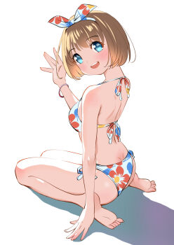 Rule 34 | 1girl, bikini, blonde hair, blue eyes, bracelet, floral print, floral print bikini, full body, halterneck, jewelry, looking at viewer, open mouth, original, print bikini, seiza, shadow, short hair, simple background, sitting, soles, solo, swimsuit, toes, upper body, white background, yamanaka kouji (yanchiki2001)
