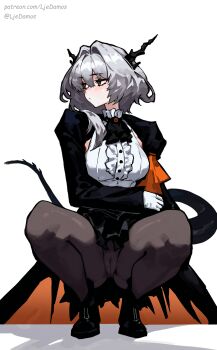 1girl arknights armband ascot black_ascot black_boots black_dress black_horns black_pantyhose black_tail boots brown_eyes cameltoe dragon_girl dragon_horns dragon_tail dress expressionless gloves grey_hair hair_intakes highres horns juliet_sleeves legs ljedamos long_sleeves looking_to_the_side medium_hair no_panties orange_armband orange_dress pantyhose puffy_long_sleeves puffy_sleeves shrug_(clothing) simple_background solo squatting tail talulah_(arknights) thighs torn_clothes torn_dress upskirt white_background white_gloves