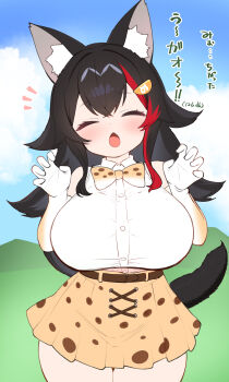 1girl absurdres animal_ear_fluff animal_ears animal_print black_hair blush bow bowtie breasts claw_pose closed_eyes cosplay elbow_gloves gloves hair_between_eyes hair_ornament hairclip highres hololive japari_symbol kani_bonara large_breasts long_hair multicolored_hair ookami_mio open_mouth orange_bow orange_bowtie print_bow print_bowtie red_hair serval_(kemono_friends) serval_(kemono_friends)_(cosplay) shirt skirt sleeveless solo streaked_hair tail virtual_youtuber wolf_ears wolf_girl wolf_tail