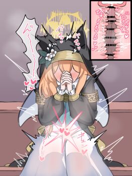 1girl absurdres aoshiroon armband artificial_vagina asymmetrical_hair bar_censor black_coat blue_archive blue_neckerchief blush braid censored coat cross-section cum disembodied_penis distorted_halo dress ejaculation erection faceless faceless_female female_orgasm flower halo hands_up heart highres interlocked_fingers japanese_text long_dress long_hair long_sleeves male_masturbation mari_(blue_archive) masturbation moaning neckerchief nose_blush nun orange_hair orgasm own_hands_together penis sex_toy shared_sense sidelocks single_braid sitting solo_focus speech_bubble spoken_heart steam steaming_body straight-on translation_request trembling veil white_dress white_flower yellow_halo