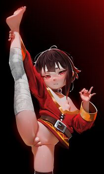 1girl absurdres bandaged_leg bandages barefoot belt belt_collar black_background black_hair breasts cleft_of_venus closed_mouth collar commentary cowboy_shot dress feet gradient_background highres huge_filesize kono_subarashii_sekai_ni_shukufuku_wo! leg_lift leg_up loli looking_at_viewer megumin no_panties outstretched_arm outstretched_leg pussy red_dress red_eyes short_hair simple_background single_thighhigh skindentation small_breasts solo split standing standing_on_one_leg standing_split thighhighs uncensored yoko-chan_(mijizukeyoko)