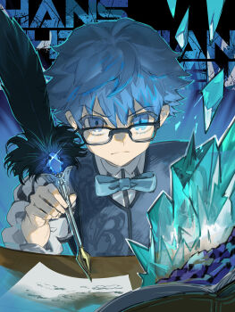 1boy blue_bow blue_eyes blue_gemstone blue_hair blue_vest bow character_name chest_bow desk english_text fate/grand_order fate_(series) gem hans_christian_andersen_(fate) highres holding holding_quill light_frown looking_at_viewer paper quill rectangular_eyewear shirt short_hair solo suzuhi_(fullprayer) upper_body vest white_shirt writing