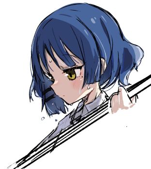 bass_guitar blush bocchi_the_rock! closed_mouth hair_ornament highres instrument short_hair simple_background sukima_(crie) sweat sweatdrop white_background yamada_ryo yellow_eyes