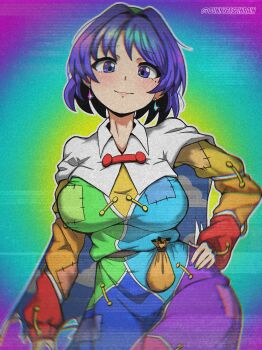 1girl blue_nails blush breasts character_doll closed_mouth commentary doll earrings english_commentary highres jewelry large_breasts looking_at_viewer purple_eyes purple_hair rainbow_gradient short_hair sleepymoon smile solo tenkyuu_chimata touhou twitter_username