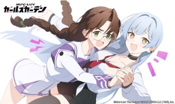 2girls akinashi_yuu annoyed blue_hair braid breasts brown_hair choker cleavage excited green_eyes hair_intakes holding_hands in-franchise_crossover julia_barnes large_breasts looking_at_viewer low_twin_braids multiple_girls muv-luv muv-luv_alternative muv-luv_girls_garden official_art open_mouth sakaki_chizuru twin_braids yellow_eyes