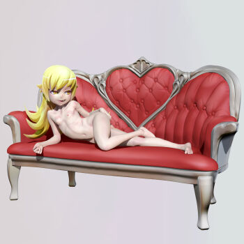 1girl 3d bad_id bad_pixiv_id bakemonogatari bandaid bandaid_on_pussy barefoot blonde_hair casual_nudity completely_nude couch fang feet female_focus highres leslyzerosix loli long_hair lying monogatari_(series) nipples nude open_mouth oshino_shinobu pointy_ears smile solo yellow_eyes