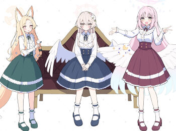 Rule 34 | 3girls, alternate costume, animal ear fluff, animal ears, blonde hair, blue archive, blue ribbon, blue shoes, blue skirt, closed mouth, commentary request, couch, feathered wings, flower, forehead, fox ears, fox girl, fox tail, green ribbon, green shoes, green skirt, hair between eyes, hair flower, hair ornament, highres, long hair, looking at viewer, mika (blue archive), multiple girls, nagisa (blue archive), on couch, open mouth, pink eyes, pink hair, red ribbon, red shoes, red skirt, ribbon, sateto (user knrf2332), seia (blue archive), shoes, sidelocks, sitting, skirt, socks, tail, v, white flower, white socks, wings, yellow eyes