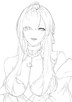 Rule 34 | 1girl, antenna hair, bare shoulders, blunt bangs, breasts, breasts apart, collarbone, commentary request, eleven (path to nowhere), eyes visible through hair, greyscale, hair over one eye, half-closed eyes, highres, jagan (maximum jagan), large breasts, long hair, looking at viewer, mole, mole under eye, monochrome, off shoulder, parted lips, path to nowhere, simple background, solo, straight-on